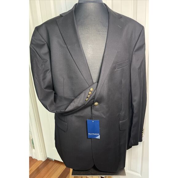 Paul Frederick Men’s black single vent bronze button wool blazer 52L NWT - Picture 1 of 8